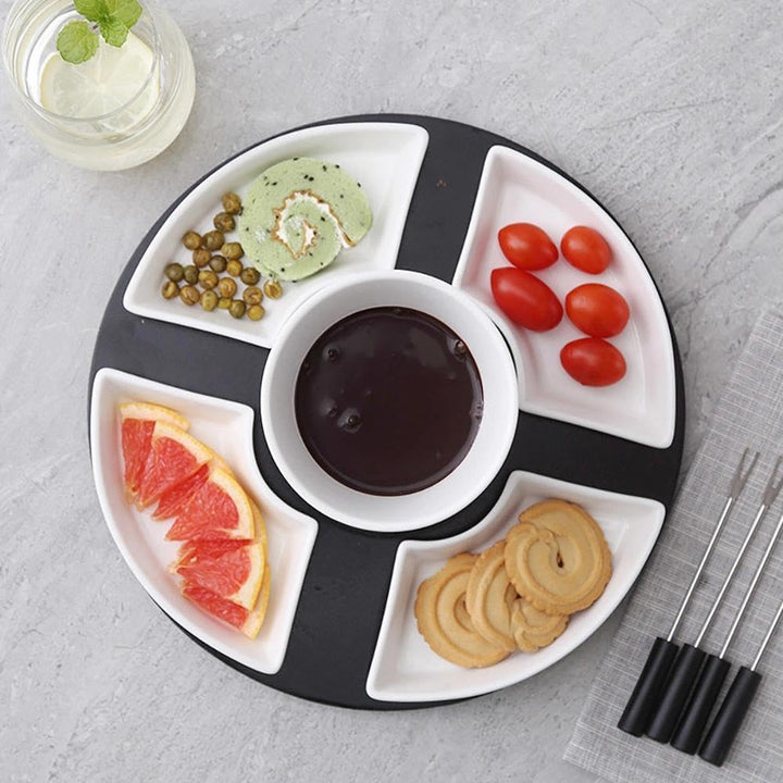 Keramik Schokofondue Set, 300ML Schokoladenfondue mit 4 Keramiktellern und 4 Gabeln, für Käse Fondue
