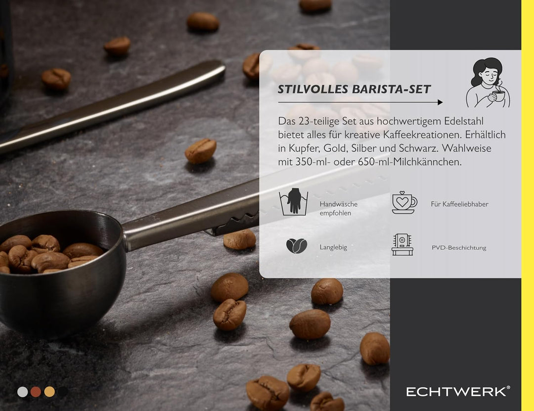 Echtwerk Kaffeezubehör-Set, 23-tlg, Milchschaumkännchen 350 ml, Kakaostreuer, 4x Espresso-, 4x Cappu