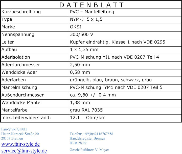 OKSI 50m NYM-J 5x1,5 mm² Mantelleitung Feuchtraumkabel Elektrokabel Kupfer Made in Germany, 50m NYM-