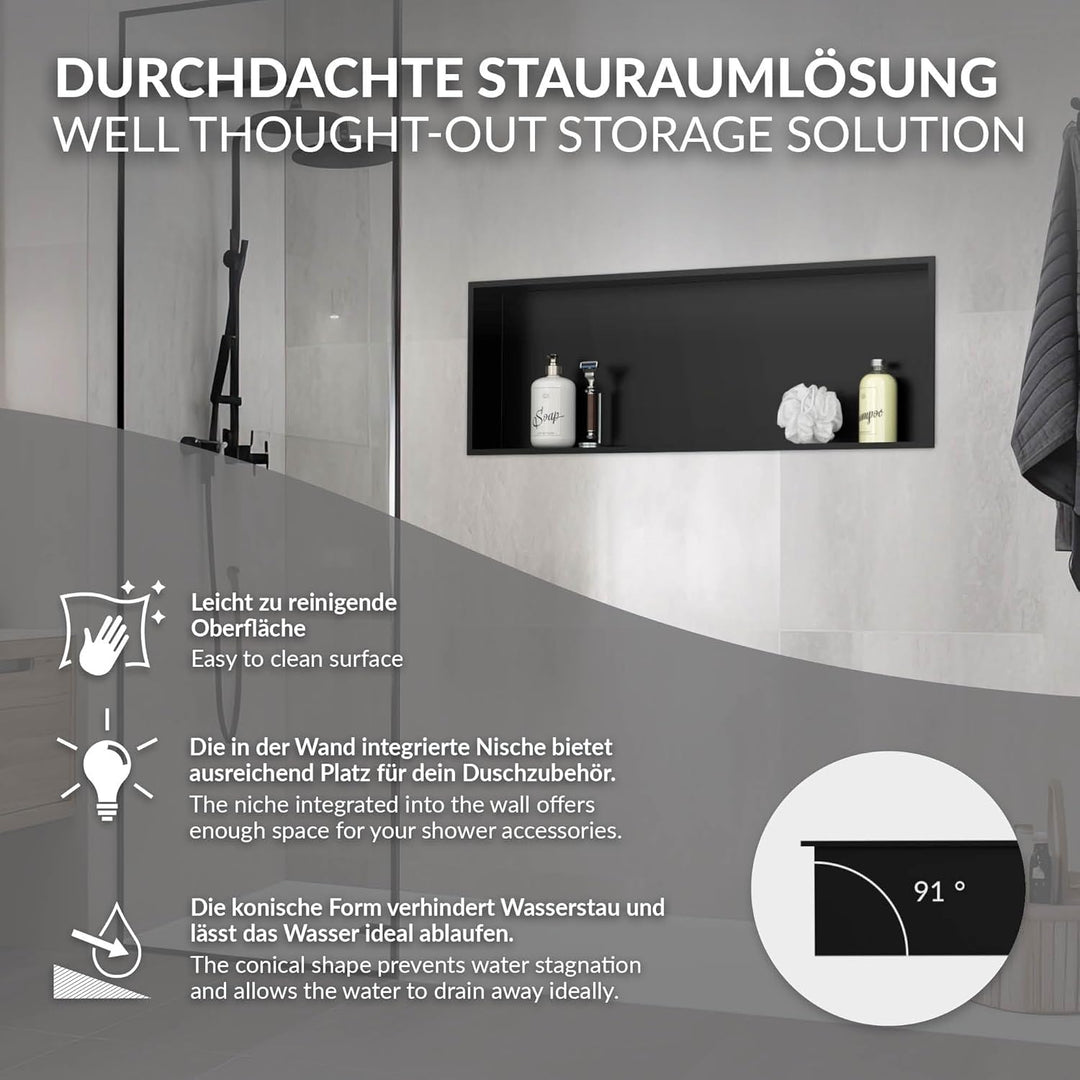 LuxeBath Wandnische aus Edelstahl, 90x30x10 cm, Schwarz, Duschnische mit Rahmen, Einbauregal, Flexib