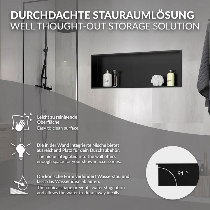 LuxeBath Wandnische aus Edelstahl, 90x30x10 cm, Schwarz, Duschnische mit Rahmen, Einbauregal, Flexib