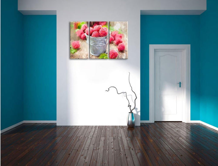 Pixxprint Himbeeren im Blecheimer als Leinwandbild/Grösse: 3 Teilig (120x80 cm) cm/Wandbild/Kunstdru