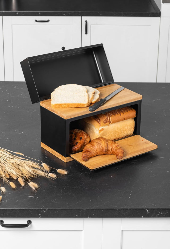 brotkasten schwarz - 2 Etagen Brotbox Metall Holz, Brotaufbewahrung für Küche, Brotbox mit Metall Br