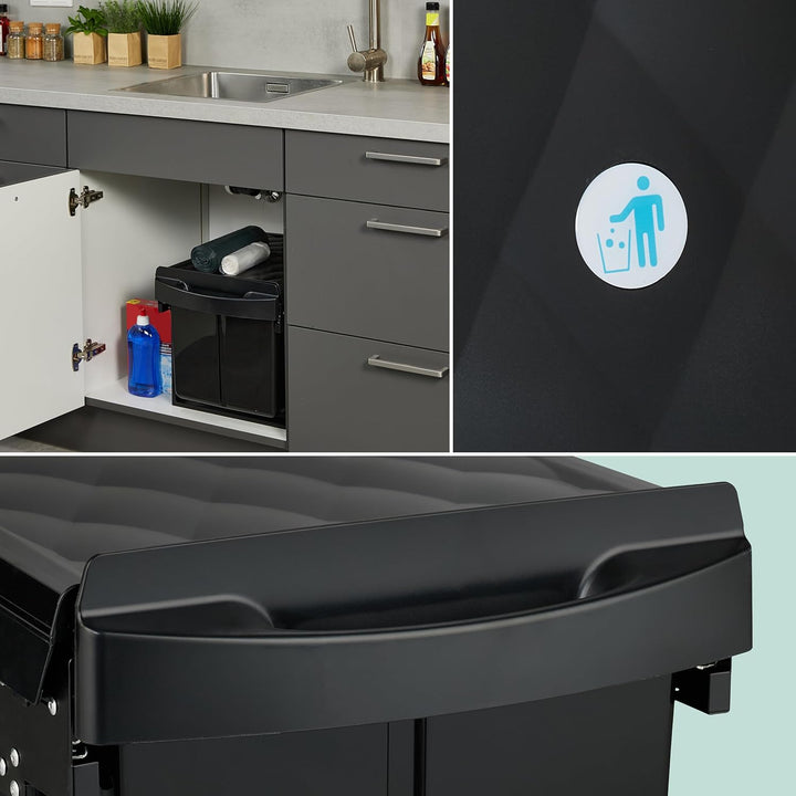 Relaxdays Einbaumülleimer, 3 Fächer, 20l, 2X 10l, HBT: 41,3 x 34 x 51,8 cm, ausziehbar, Müllsystem U