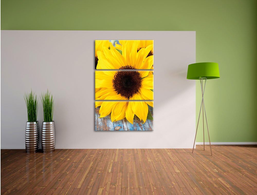 Pixxprint Sonnenblumen auf Holztisch als Leinwandbild/Grösse: 3 Teilig (120x80) / Wandbild/Kunstdruc