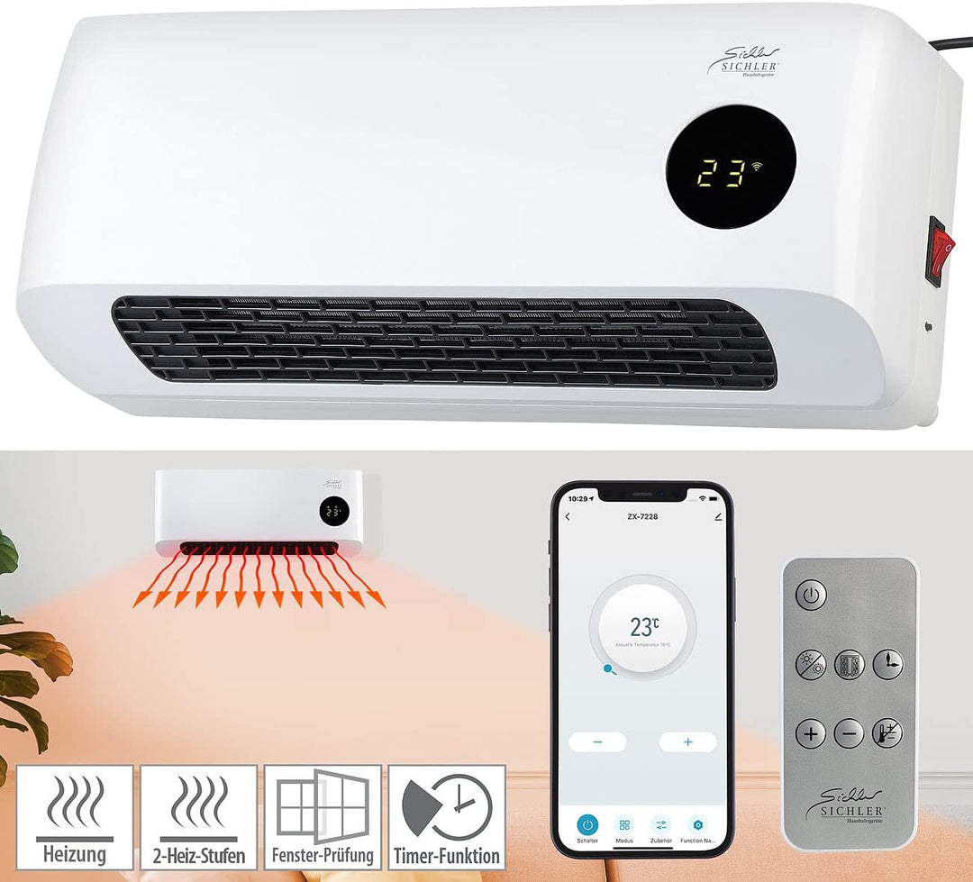Sichler Haushaltsgeräte Keramik Heizlüfter: WLAN-Keramik-Wandheizlüfter, LED-Display, Fernbedienung,