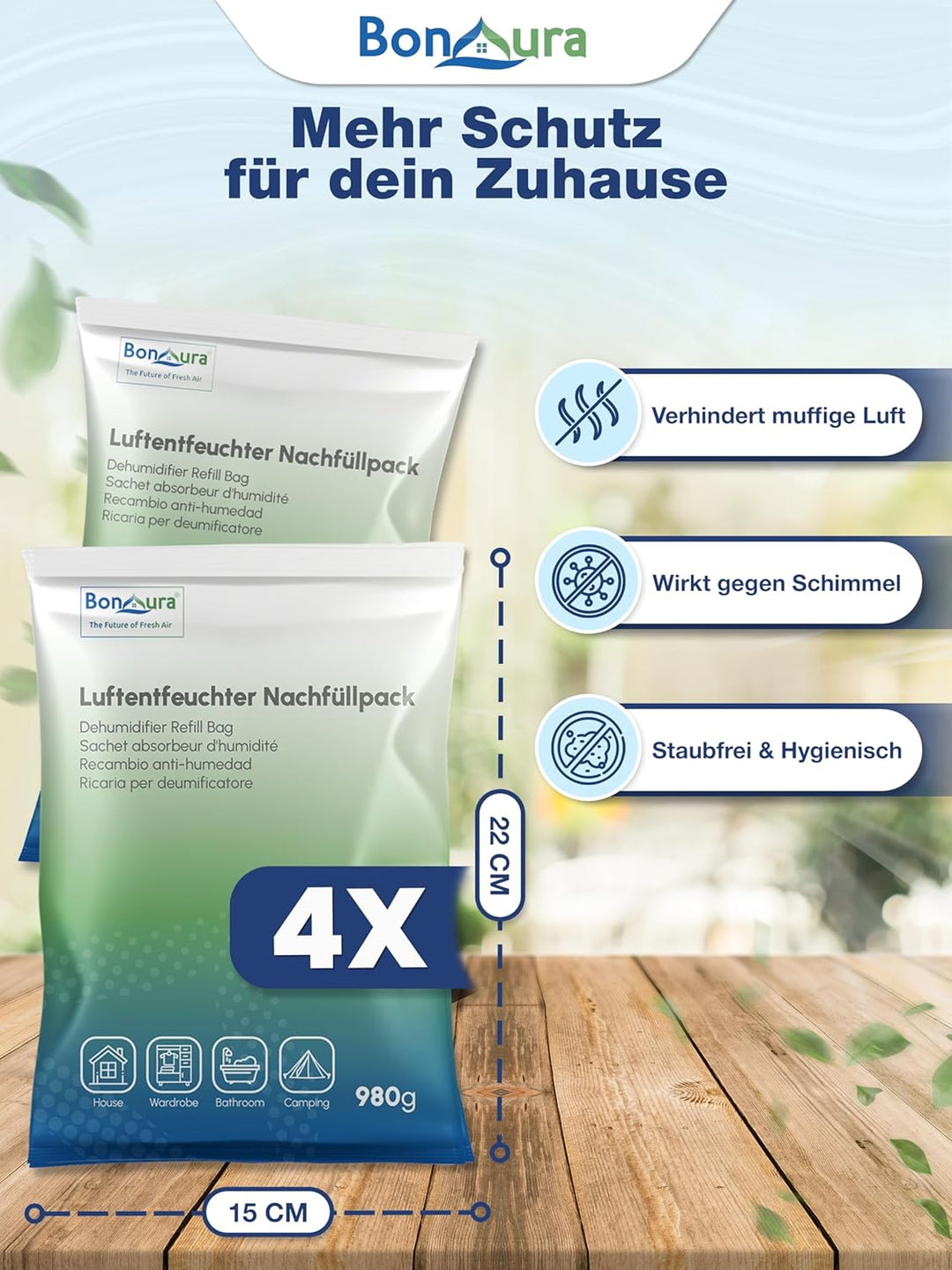 BonAura® AirOne Max Luftentfeuchter ohne Strom bis 33m² I 360° Belüftung I Raumentfeuchter mit Ausgi