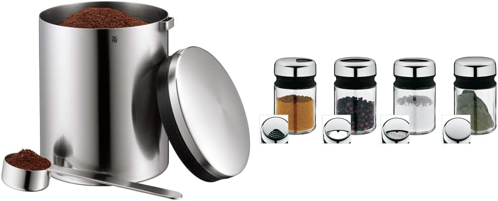 WMF Kaffeedose mit Kaffeelöffel Kult Cromargan Edelstahl rostfrei mattiert 500g & Streuer-Set 4-teil