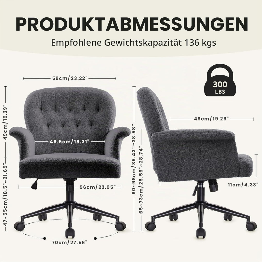 IWMH Schreibtischstuhl, Teddyfell Drehstuhl mit Rollen und Armlehnen, Moderner Höhenverstellbar Home