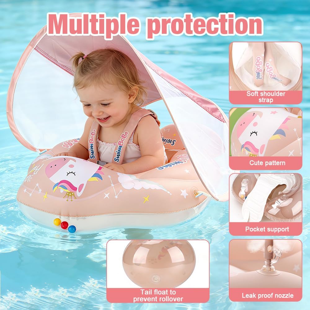 Baby Schwimmring mit Sonnendach Entfernbar, Baby Float, Rosa Baby Schwimmhilfe mit Schwimmsitz, Aufb