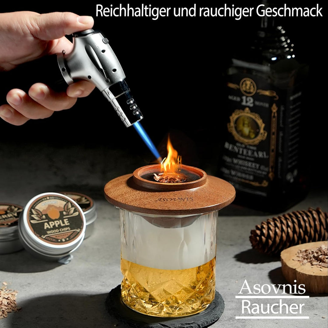 Whisky-Räucherset mit Fackel-6 Geschmacksrichtungen, Holzspäne, 2 Gläser, 6 Whiskysteine, Cocktail-R