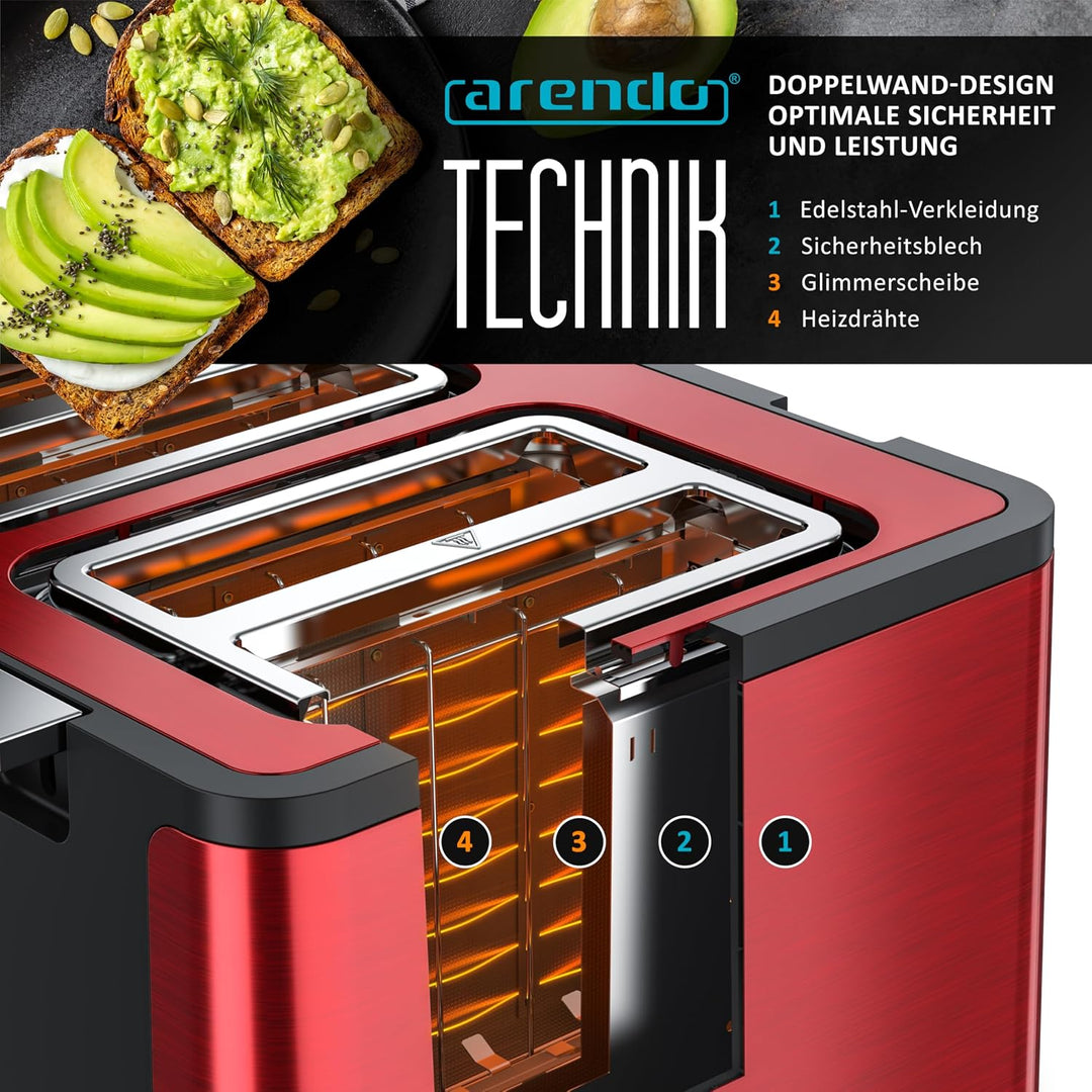Arendo - Toaster 4 Scheiben Edelstahl - mit Brötchenaufsatz - 4 Schlitze - LED Anzeige Restzeitanzei