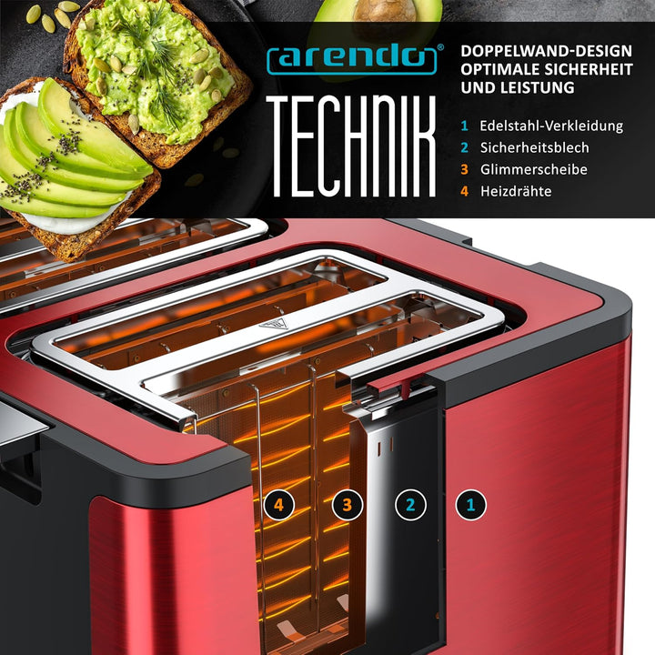 Arendo - Toaster 4 Scheiben Edelstahl - mit Brötchenaufsatz - 4 Schlitze - LED Anzeige Restzeitanzei