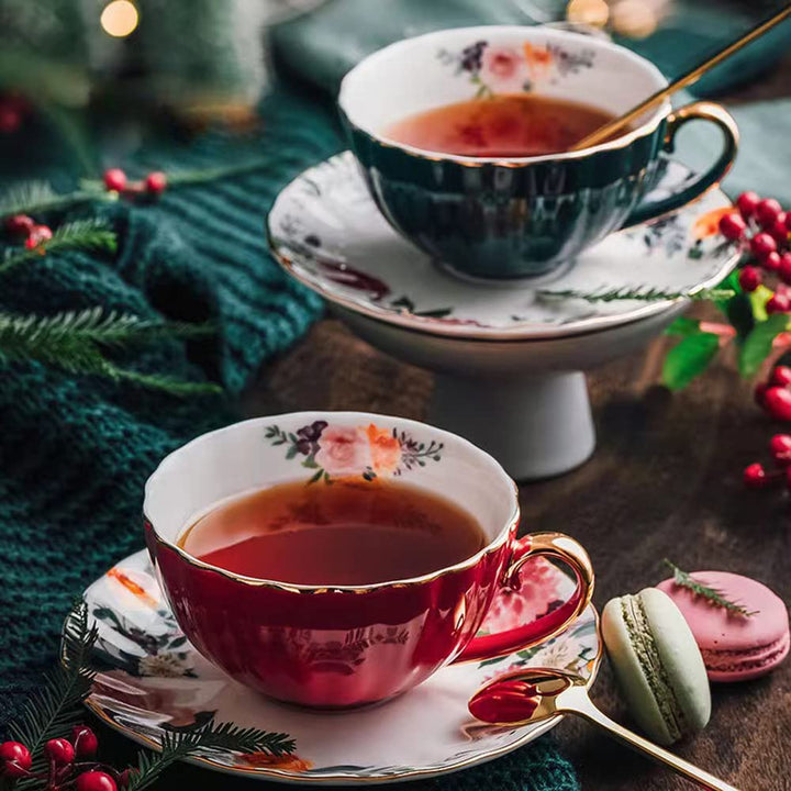 Porzellan Teetasse mit Untertassen und Löffel, 2 Satz von 8 oz Floral Kaffeetasse mit Goldrand Halte