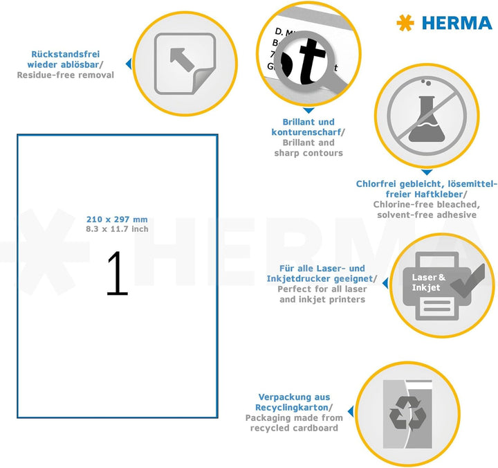 HERMA 10315 Universal Etiketten ablösbar, 100 Blatt, 210 x 297 mm, 1 Stück pro A4 Bogen, 100 Aufkleb