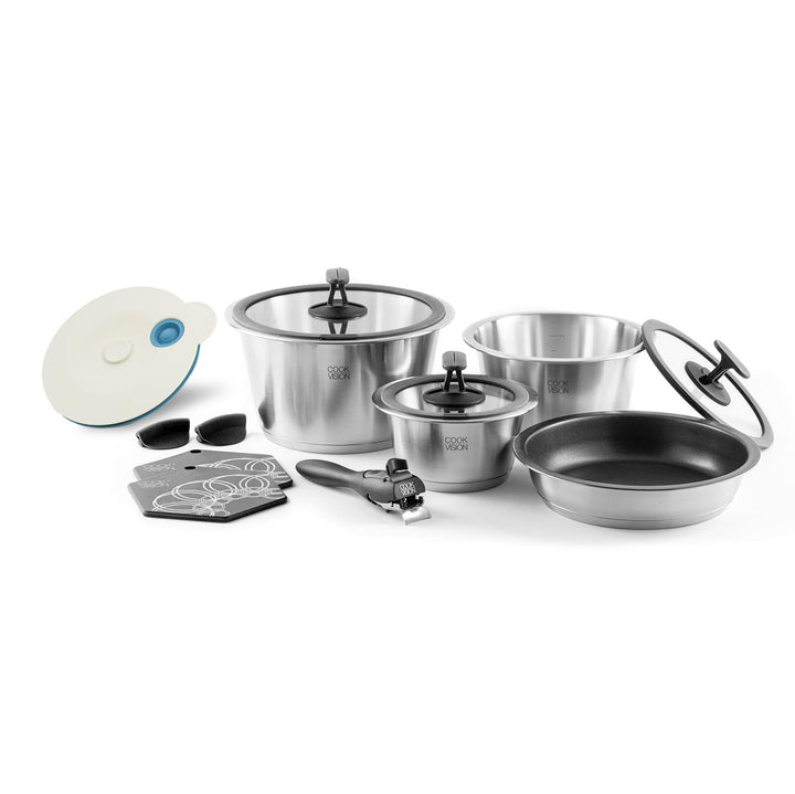Starter-Topf-Set 13-tlg. 3x Edelstahltöpfe für alle Herdarten, 3x Glasdeckel, 1x Pfannen, 1x Griffe,