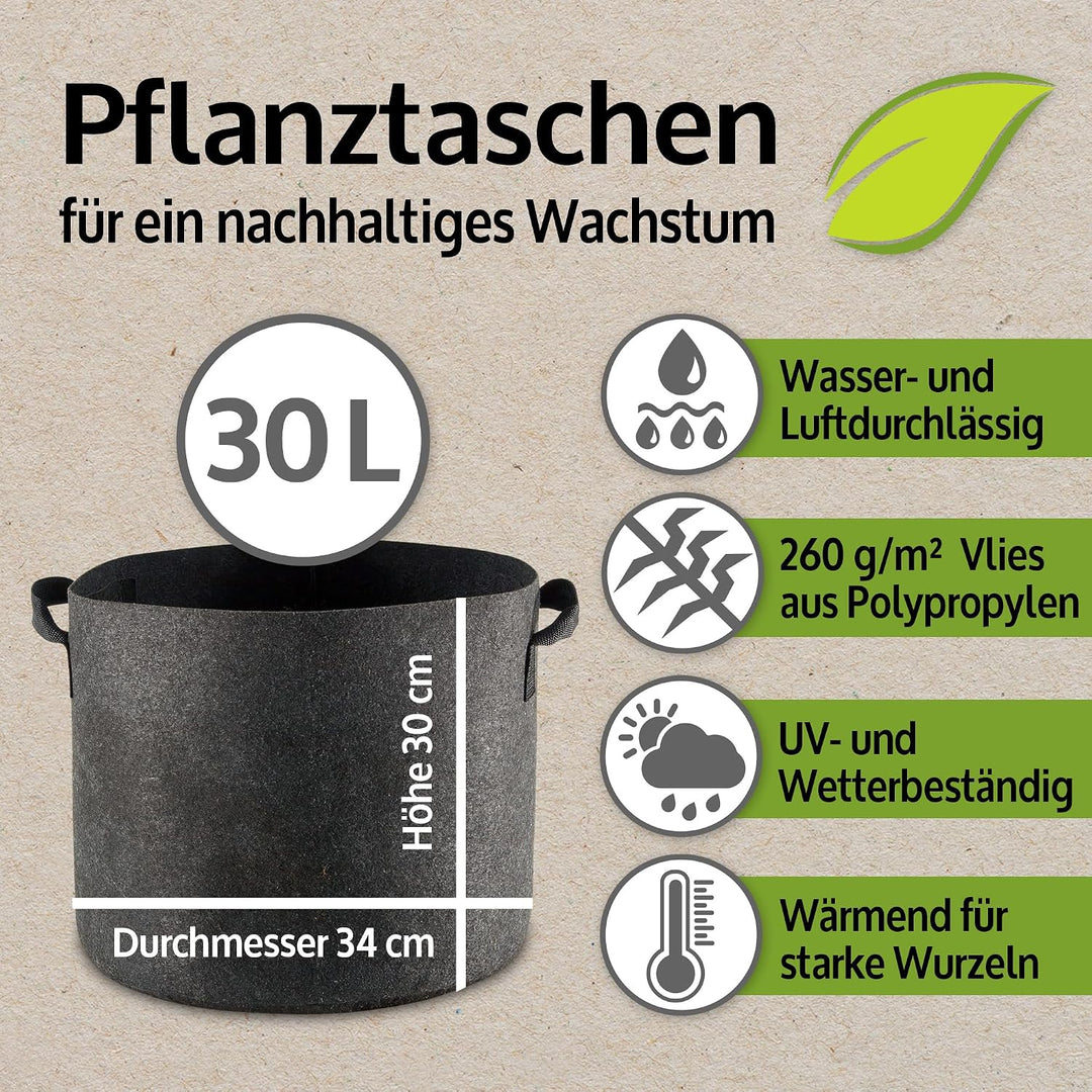 zooprinz Premium 30 L oder 60 L Pflanztaschen aus dickem Vlies – Pflanzsäcke perfekt für Blumen, Tom