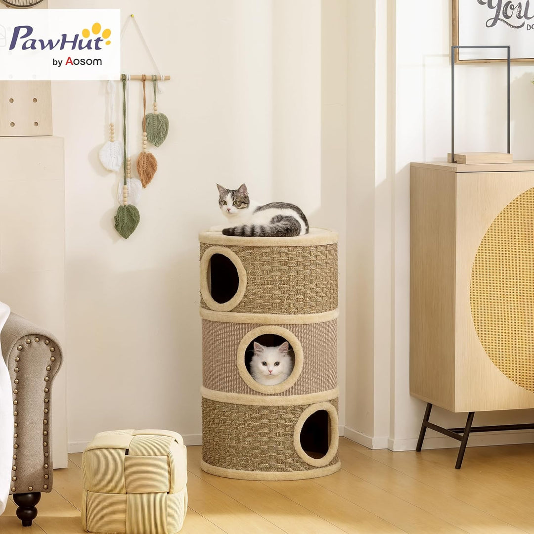 PawHut Kratztonne für Katzen 79 cm Hoch Ø 45 cm Katzentonne mit 3 Etagen Sisalseil, Plüsch Katzenhöh