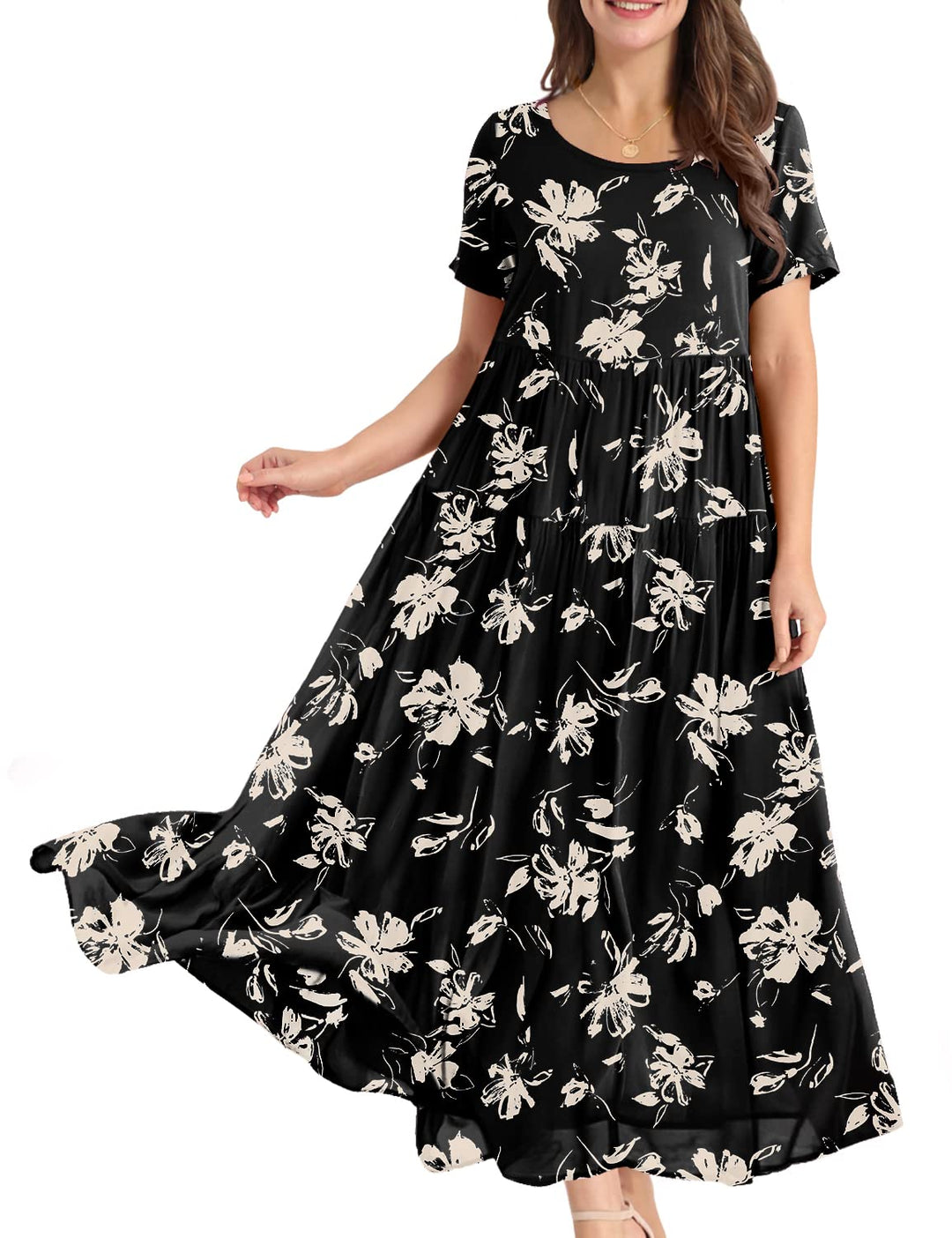 YESNO Damen Kleider Freizeit Lose Sommerkleid Lang Boho Maxikleid für Rundhals Strandkleid Blumenkle