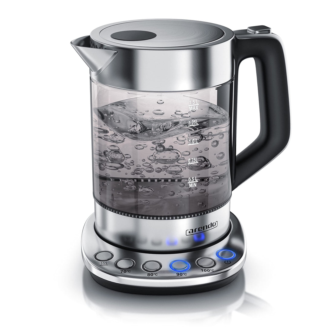 Arendo - Rauchglas Glas Wasserkocher mit Temperatureinstellung - Edelstahl - Warmhaltefunktion 30min