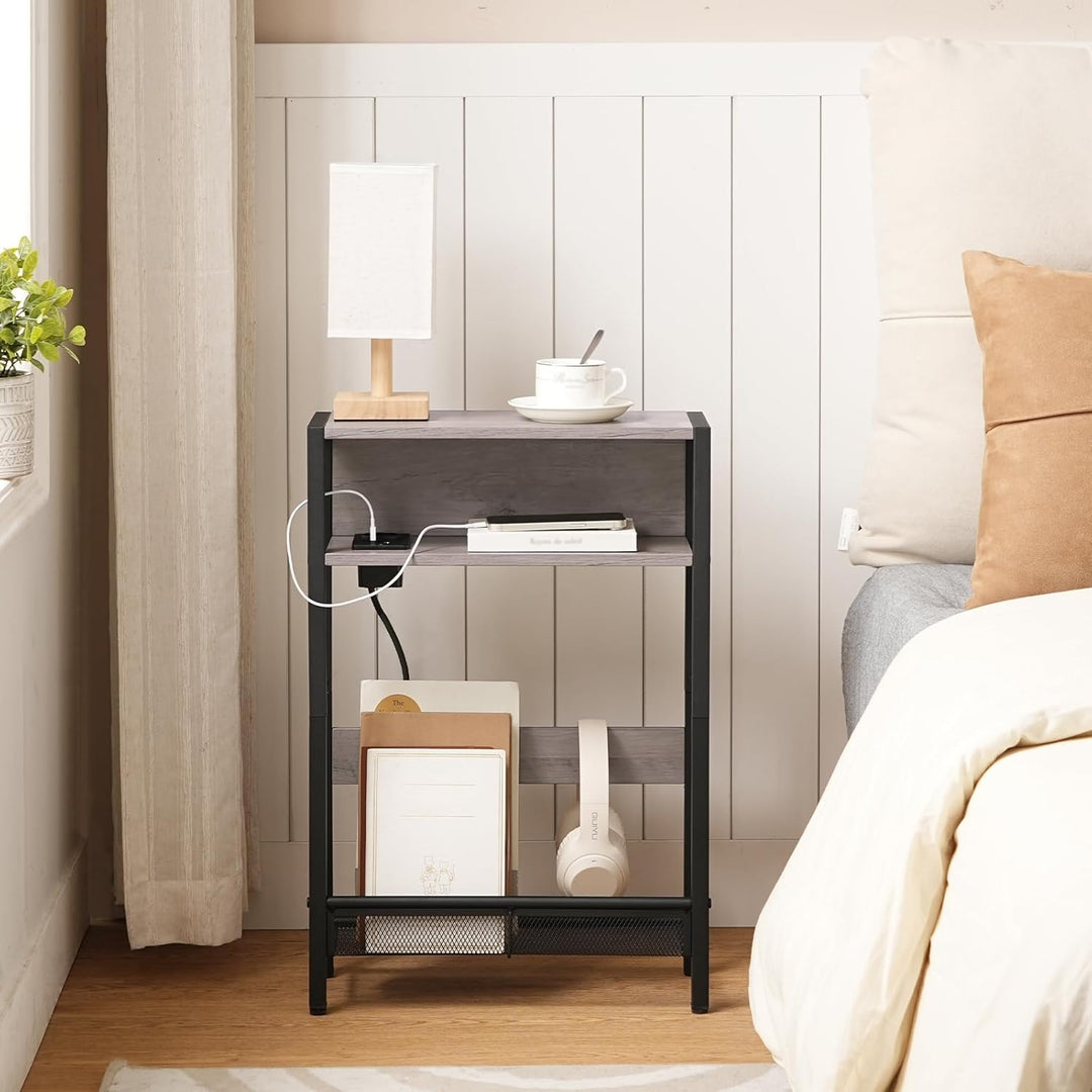 Beistelltisch Schmal, Couchtisch mit Ladestation, 3-stufiger Nachttisch, Sofatisch mit 2 Holzwerksto