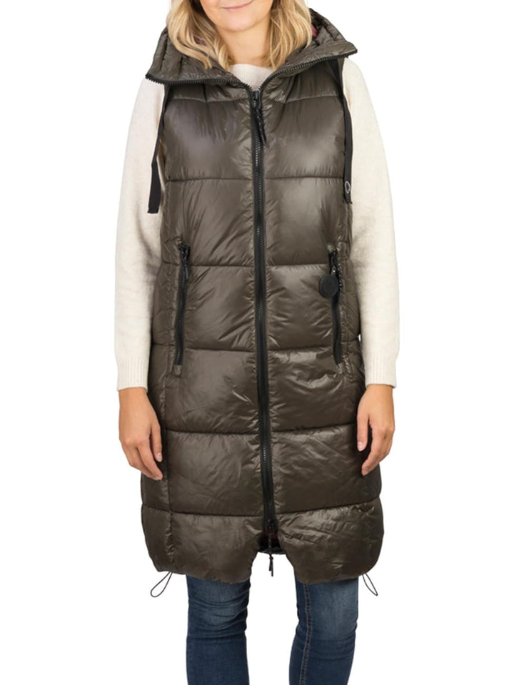 DENIMFY Steppweste Damen lang mit Kapuze Regular Fit DFCaro Weste Knielang Outdoor Reissverschluss T