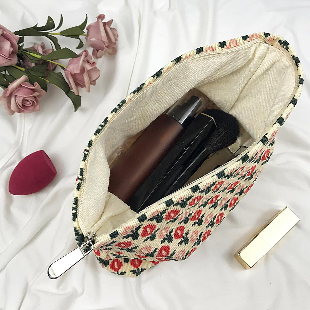 Make-up-Tasche für Damen, Cord-Kosmetiktasche, ästhetisches Design, Damen-Tragetasche, Federmäppchen