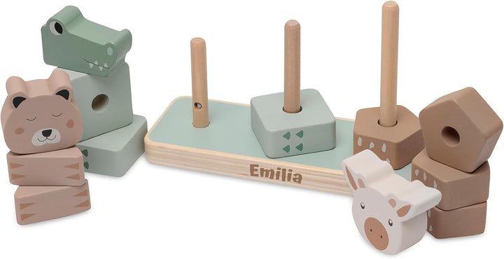 Stapelturm personalisiert mit Name – Jollein FSC Holz Baby Stapelspielzeug mit 3 Tierköpfen – Gesche