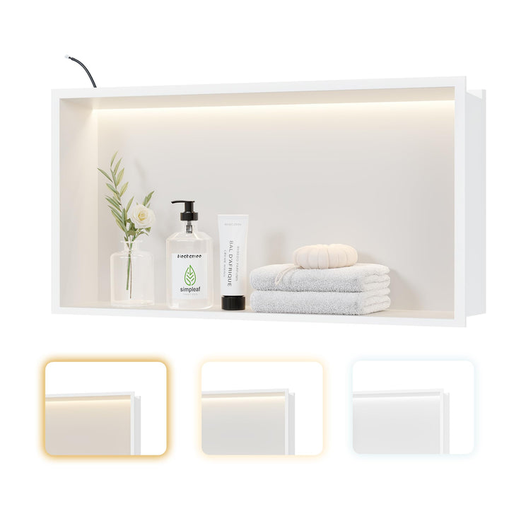 Wandnische Dusche Edelstahl mit LED-Licht, Eingebettete Duschnische 60x30cm mit 3 Farben für Badezim