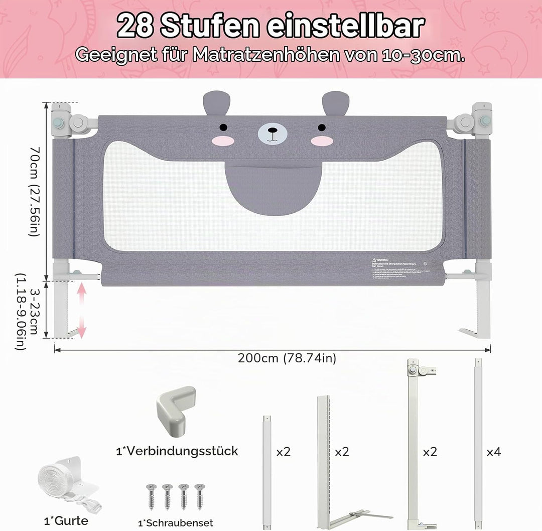 Bettgitter Kinder 200cm mit Bärenmotiv, Höhenverstellbarer Rausfallschutz Bett, Bettschutzgitter für