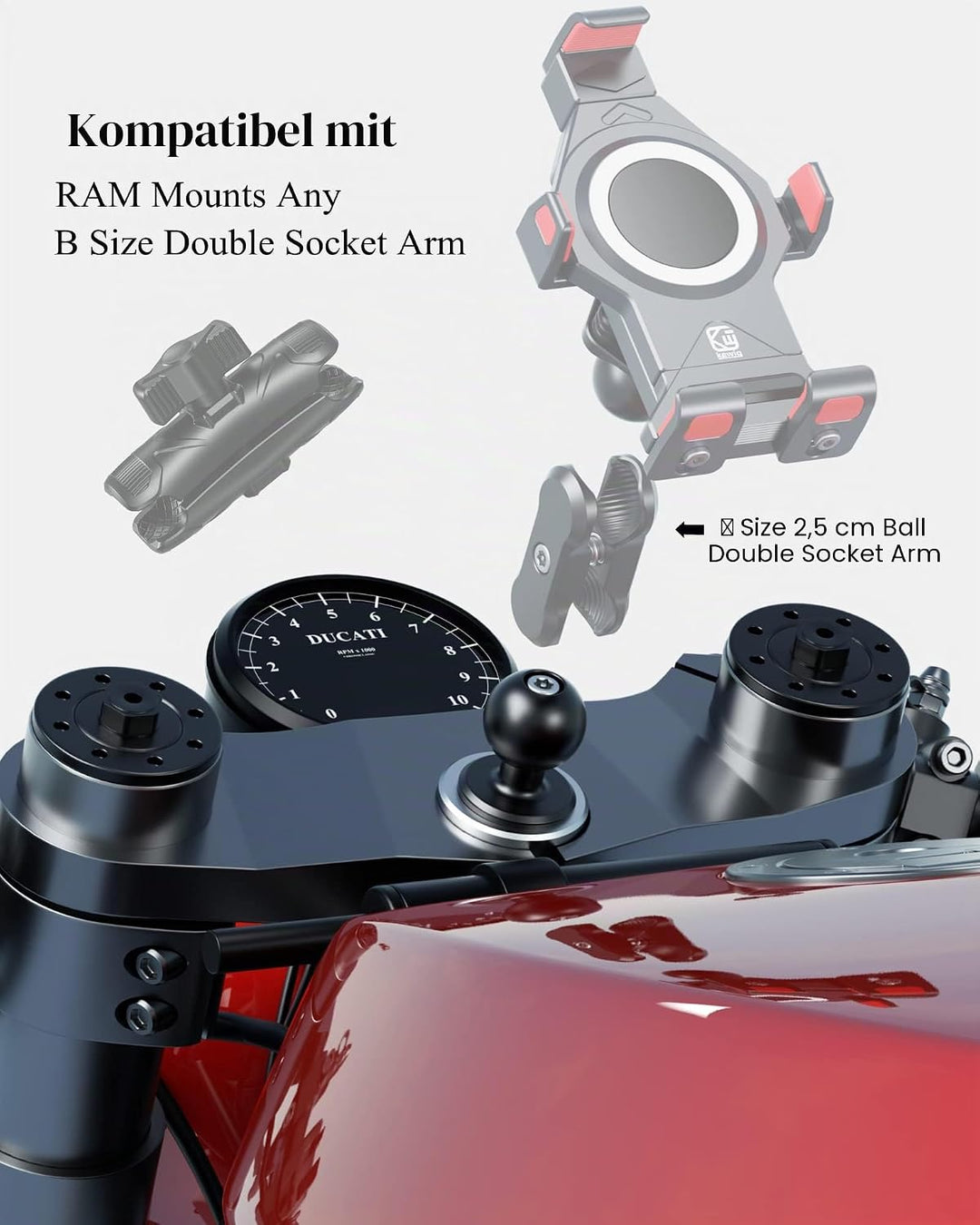 BRCOVAN Metall Motorrad-Gabelschaft-Kugelbasis mit 1 Zoll TPU Kugel Passend für Rohr Durchmesser 12