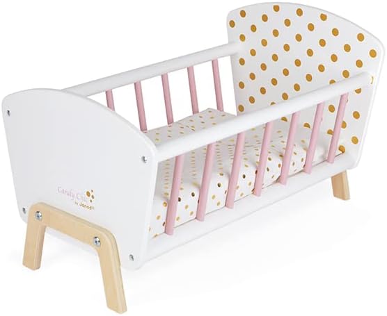 Janod - Puppenbett ‘Candy Chic’ aus Holz mit Matratze + Decke + Kissen - Zarte Glitzernde Farben - K