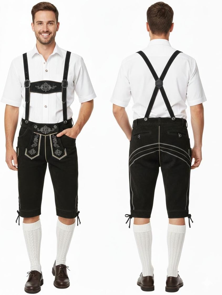 Herren Trachten Lederhose Kniebund mit Träger Rindvelourleder Dunkelbraun - Trachtenlederhose Herren