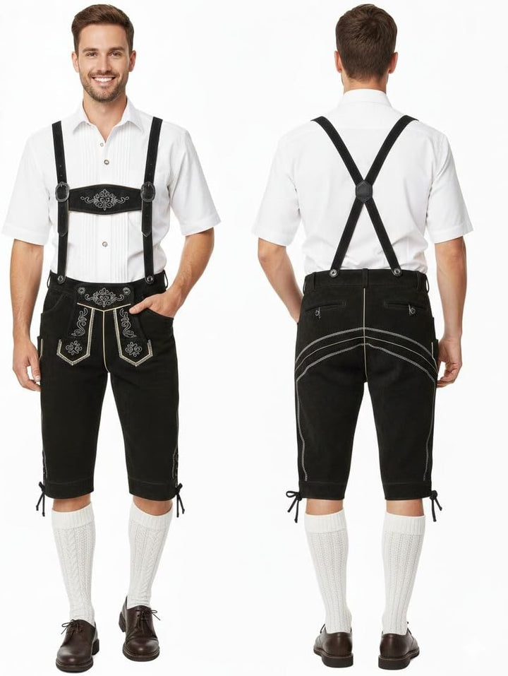 Herren Trachten Lederhose Kniebund mit Träger Rindvelourleder Dunkelbraun - Trachtenlederhose Herren