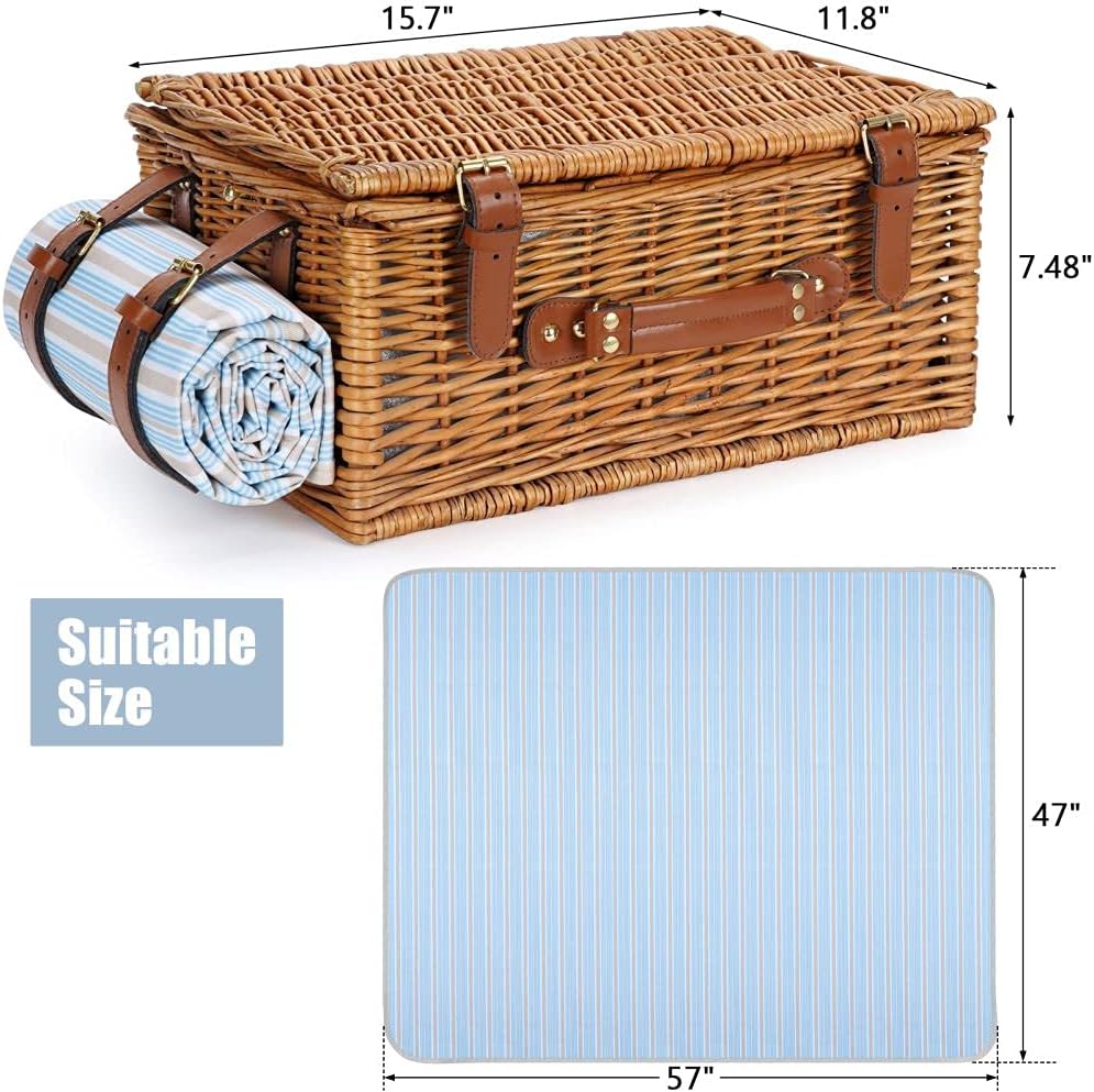 Picknickkorb Set für 2 Personen, Weidenkorb mit grossem isoliertem Kühlfach, wasserdichter Decke und