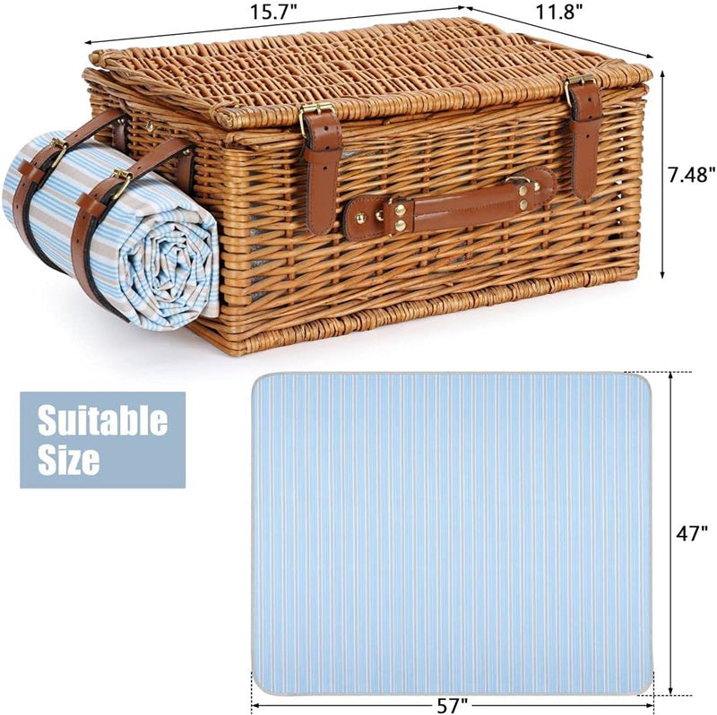 Picknickkorb Set für 2 Personen, Weidenkorb mit grossem isoliertem Kühlfach, wasserdichter Decke und