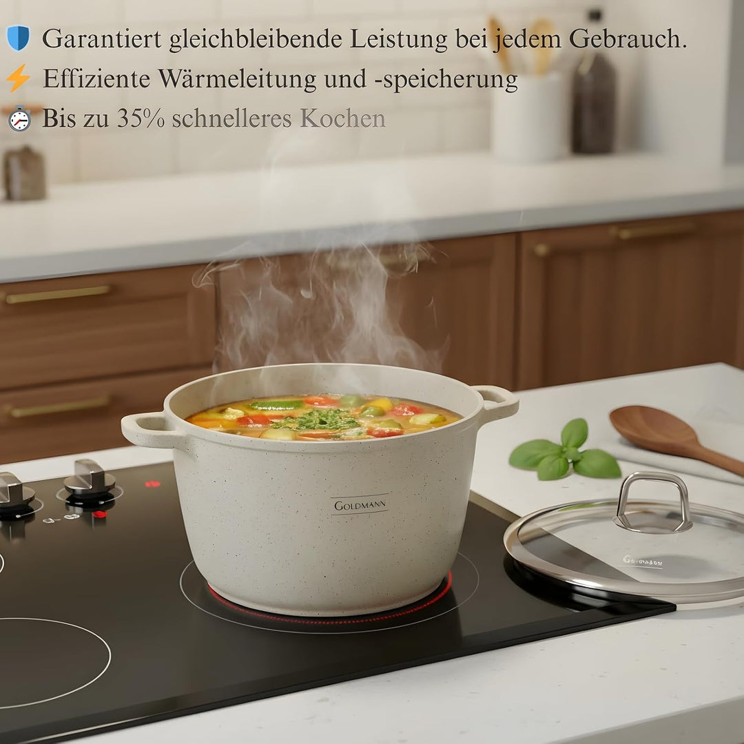 GOLDMANN 24 CM Aluguss-Kochtopf/Suppentopf (6.2L) mit Glasdeckel, Marmor-Keramik-Antihaftbeschichtun