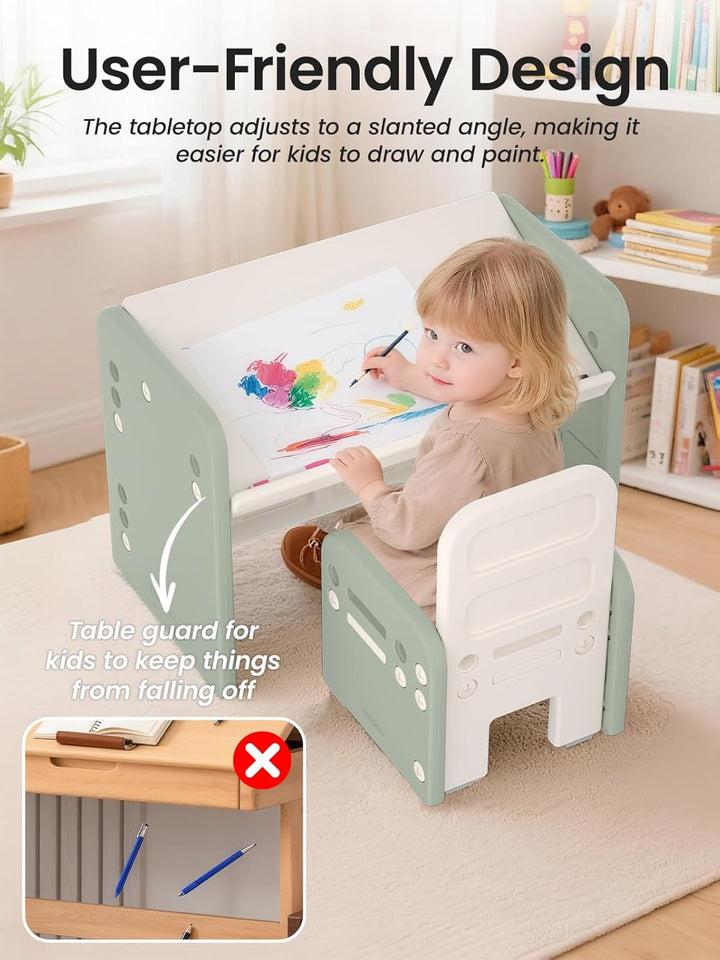 Kindertisch mit Stühle, Höhenverstellbarer Kinder Tisch Stuhl Set, Konvertierbarer Desktop，Multifunk