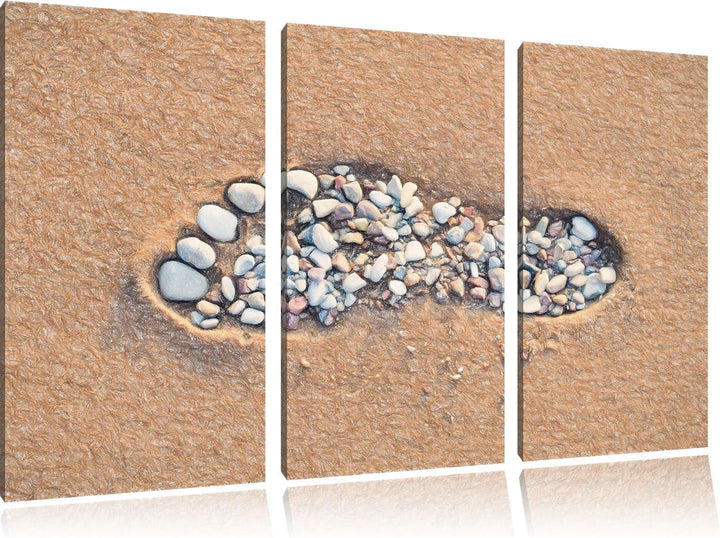 Pixxprint Fussabdruck im Sand Bunstift Effekt 3-Teiler Leinwandbild 120x80 Bild auf Leinwand