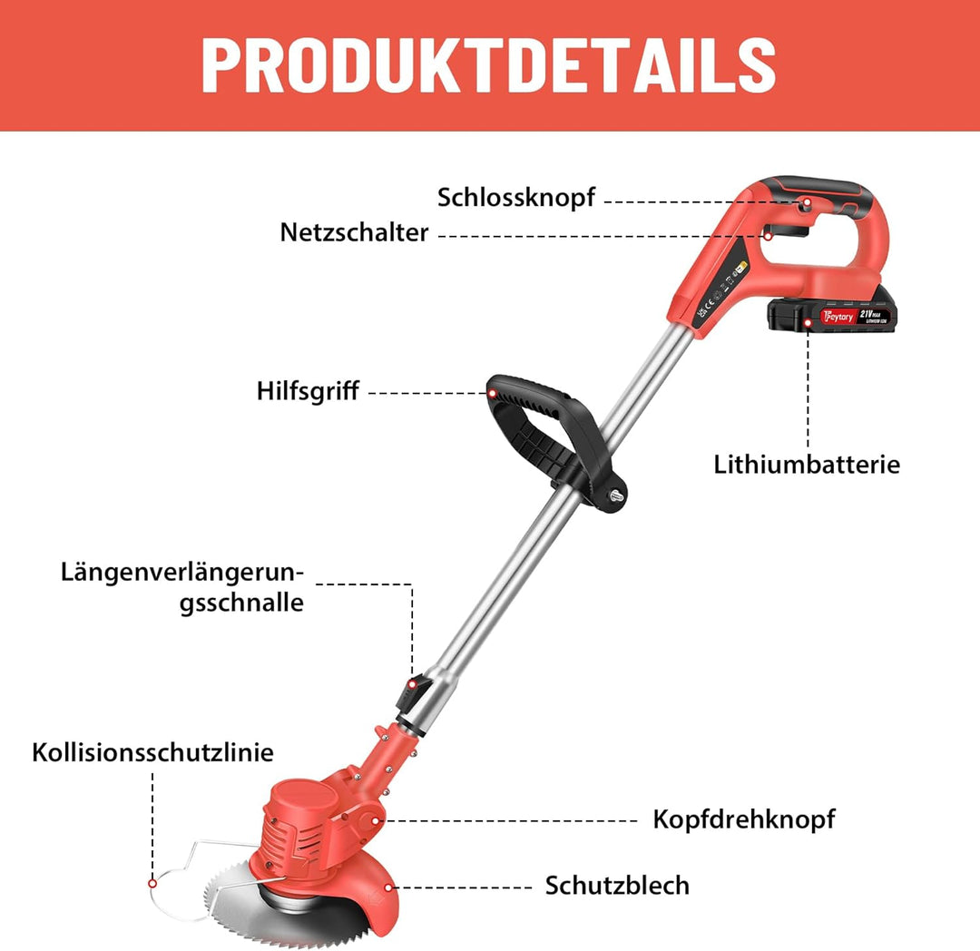 21V Akku Rasentrimmer, 3 in 1 Akku Rasen Trimmer mit 2x3000mAh Batterie, Elektrischer Rasentrimmer m