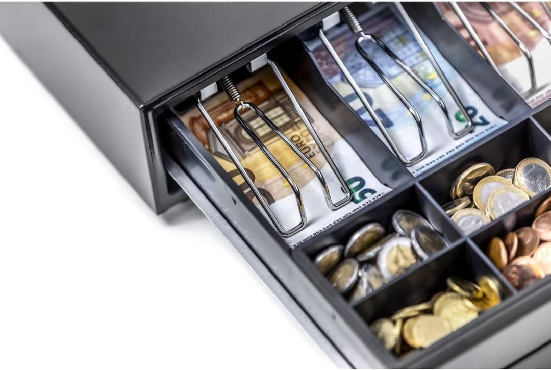 KAM-330 Touch Kassenschublade schwarz - manuelle Push Öffnung, 8 grosse Münzfächer und 4 Scheinfäche
