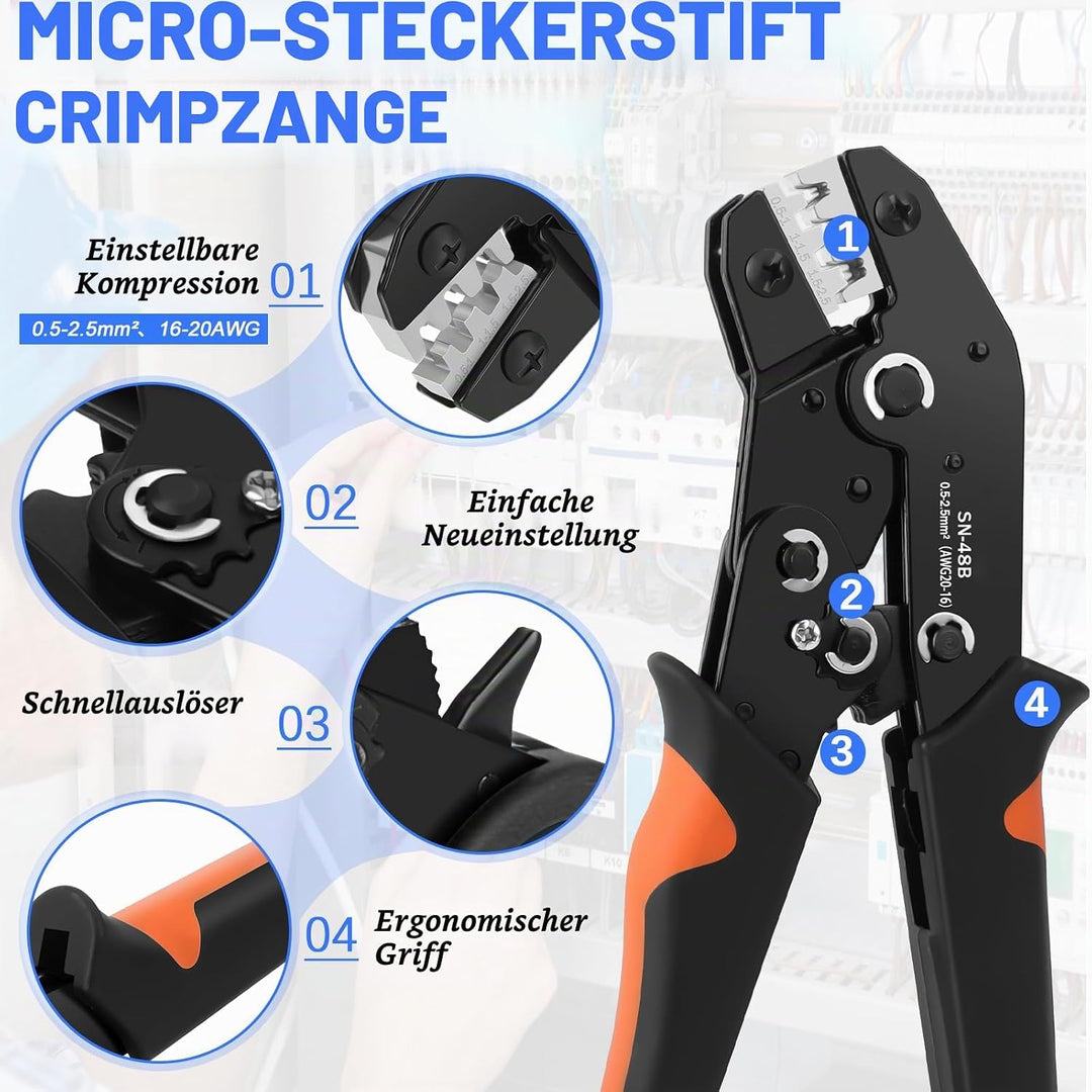 731 Stück Crimpzange Wasserdicht Kfz Stecker Set, Crimpzange(0.5-2.5mm²), mit 1/2/3/4 Pin Kabelsteck