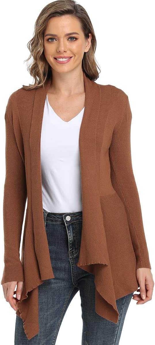Dilgul Damen Cardigan Elegant Langarm Open Front Unregelmässiger Saum Strickjacke Pullover 34 Kamel,