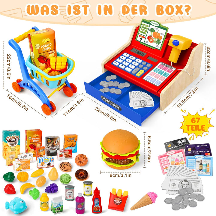 MOMOSTAR Kinderkasse, Spielkasse Kinder mit Scanner und Sound, Kasse Spielzeug Holz mit Spielgeld Ei