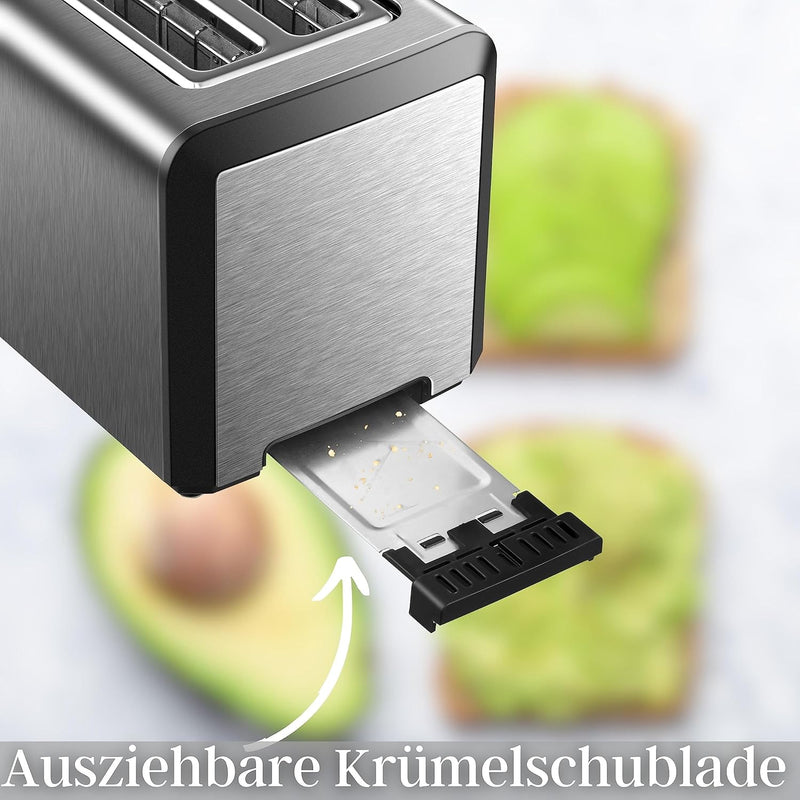 Toaster Langschlitz | 4 Scheiben Toastautomat | XXL | 1500 Watt | 6-Stufen Bräuneregler | Brötchenau