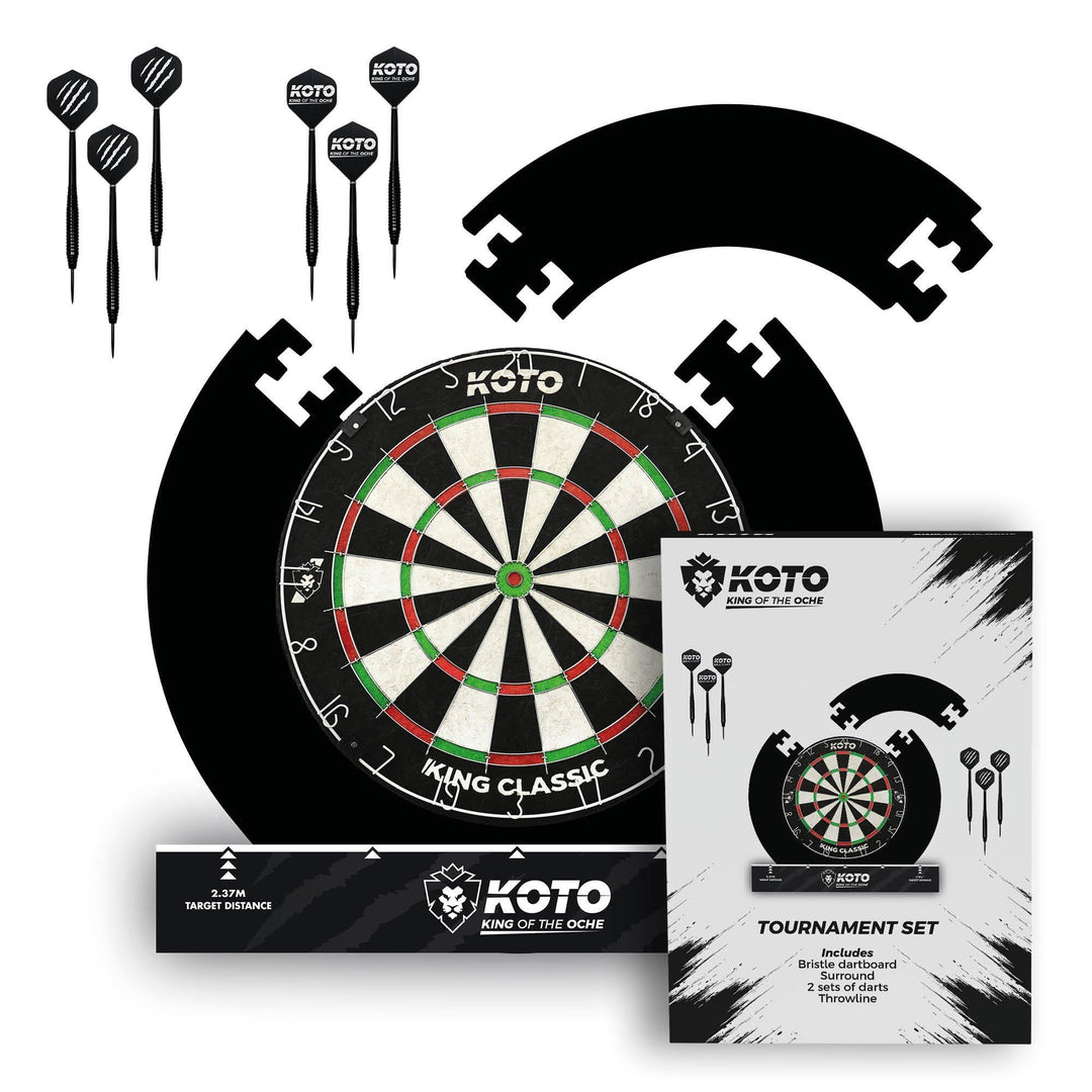 KOTO - Tournament Set Schwarz (Offizielle Masse) Bristle Dartboard, inkl. 4 STK. Surround, 2 Sätze 2