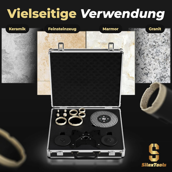 Profi Diamant Fliesenbohrer Set - 11teilig [6|8|10|14|25|30|40|50|68mm] mit Bohrkronen, Schleifschei
