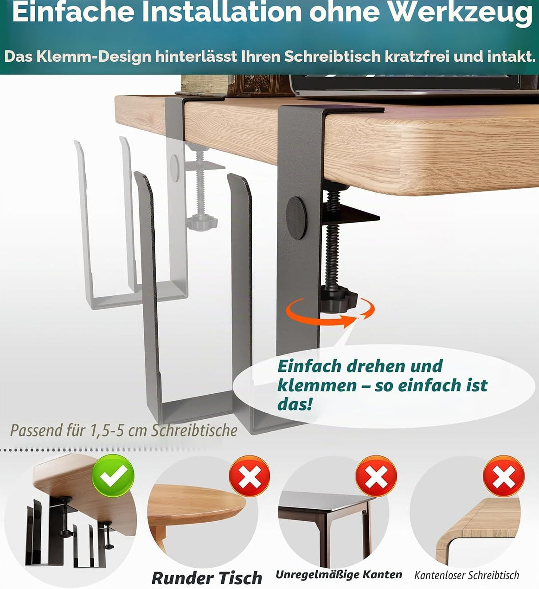 Dual‑Geräte Verstellbarer Laptopständer mit Klemme für Schreibtische - Kein Bohren - Edelstahl‑Ablag