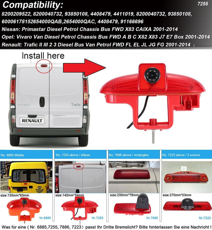 HD Bremsleuchte Rückfahrkamera Set mit Rückspiegel Monitor, Rückfahrkamera Ersatz für Renault Trafic