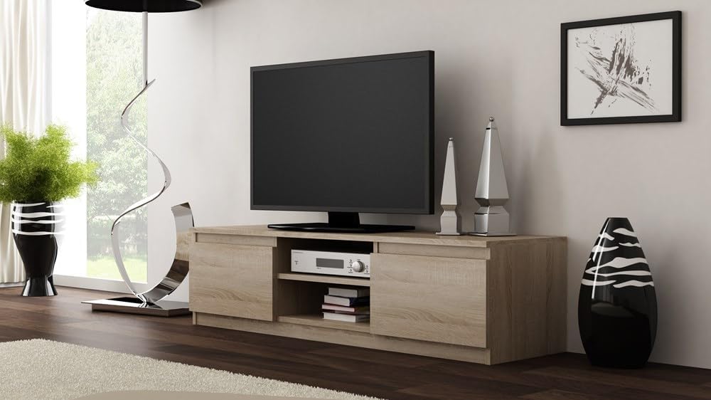 VBChome TV-Schrank 140 x 40 x 36 cm Eiche Sonoma Griffelose Tv-Regal Fernsehtisch mit 2 Türen Holz M